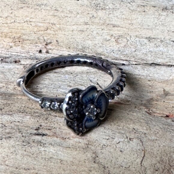 Retired Pandora Blue Enamel Pansy Flower Hoop Earrings 925 ALE Sterling Silver - Picture 3 of 7